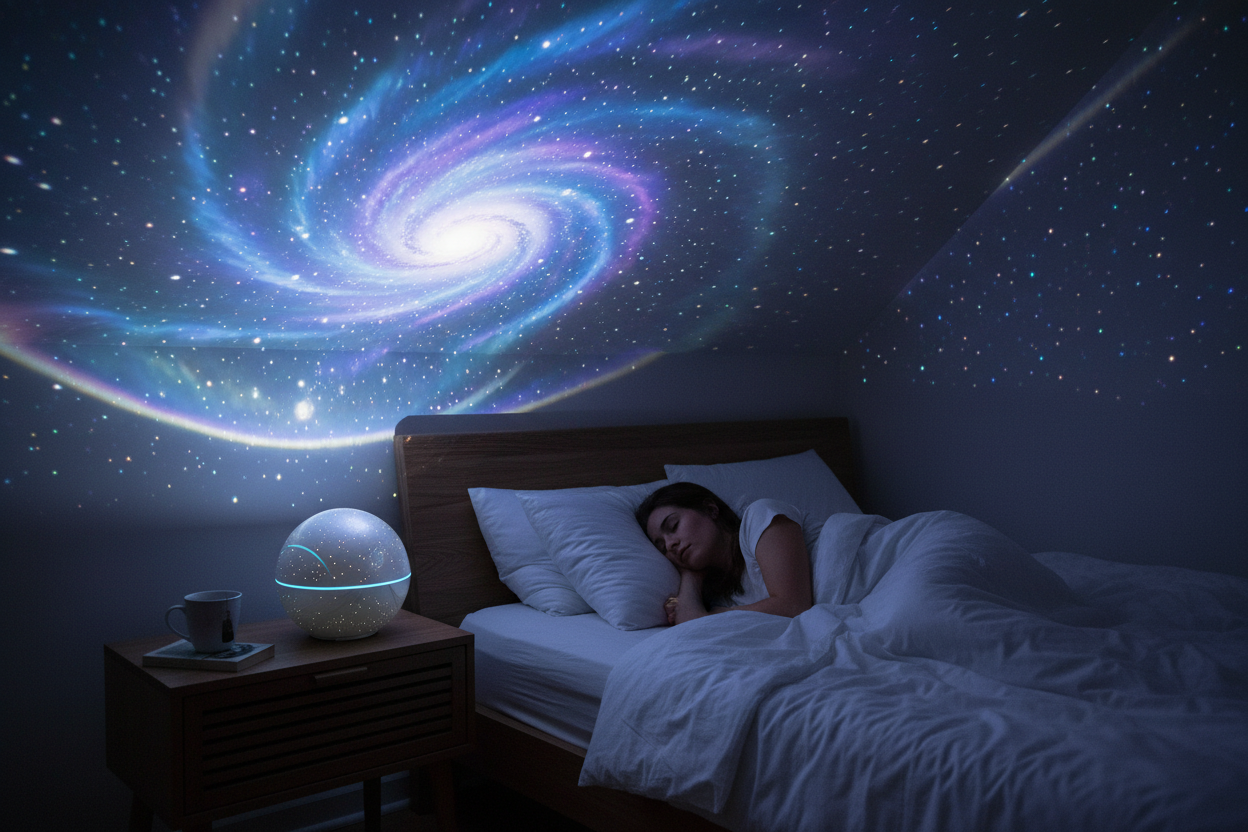 DreamGlow Sleep Projector casting a starry night sky in a cozy bedroom